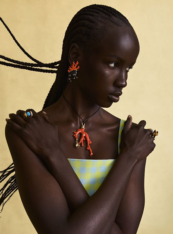Coral enameled jewelry set — Oscar de la Renta, designed by Elsa Sen
