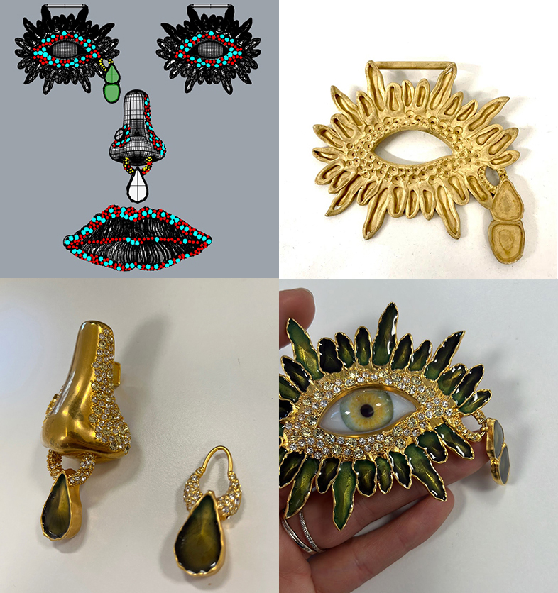 Schiaparelli Face bag hardware detail — rhinestones and handpainted enamel by Elsa Sen