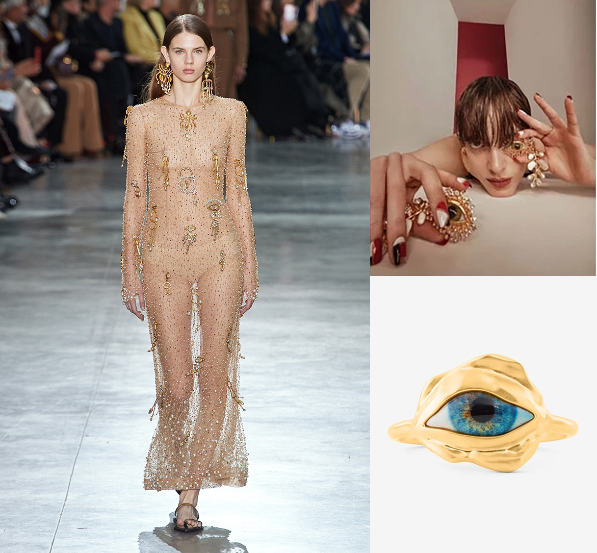 Schiaparelli fashion show — embroidered dress with eye earrings and bracelet, designed by Elsa Sen