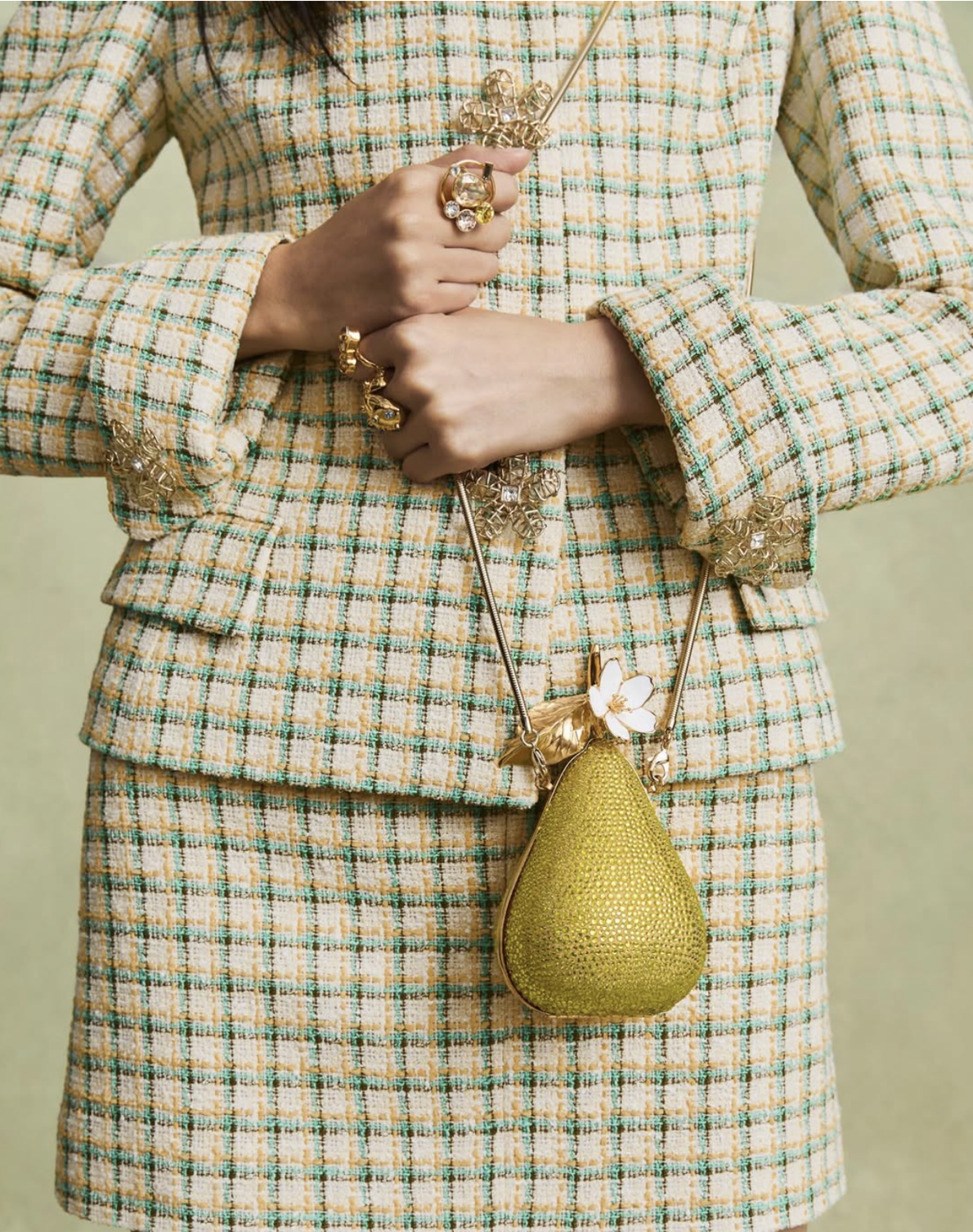 Pear clutch close-up — Oscar de la Renta hardware, designed by Elsa Sen